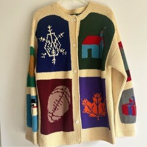 Vintage Seasons Football Winter Holiday Wool Cream Patchwork Cardigan Womens L